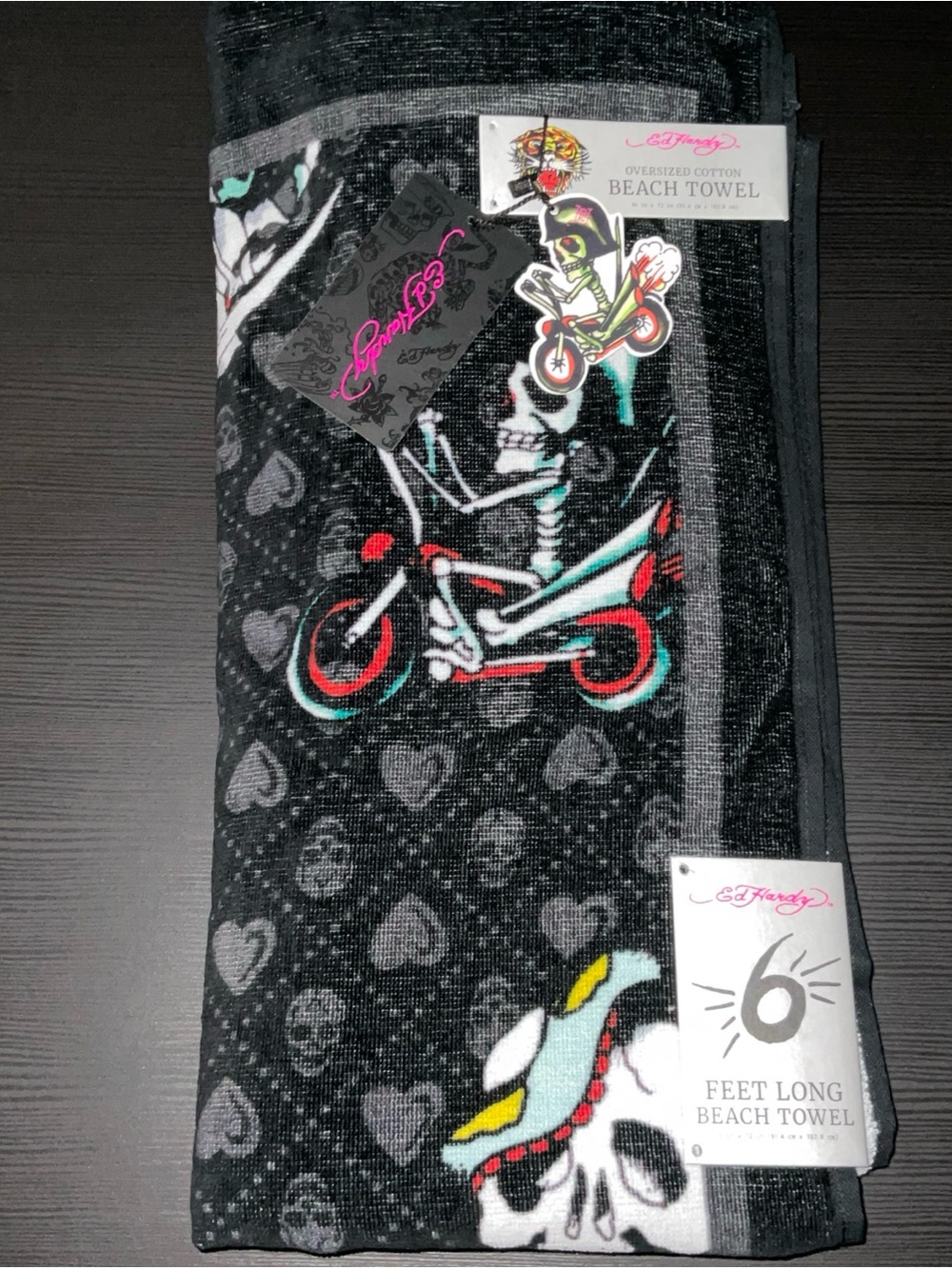 ED HARDY SKELETON BIKER PRINT SKULL LOVE KILLS BEACH TOWEL 6 FEET 36x72” NWT